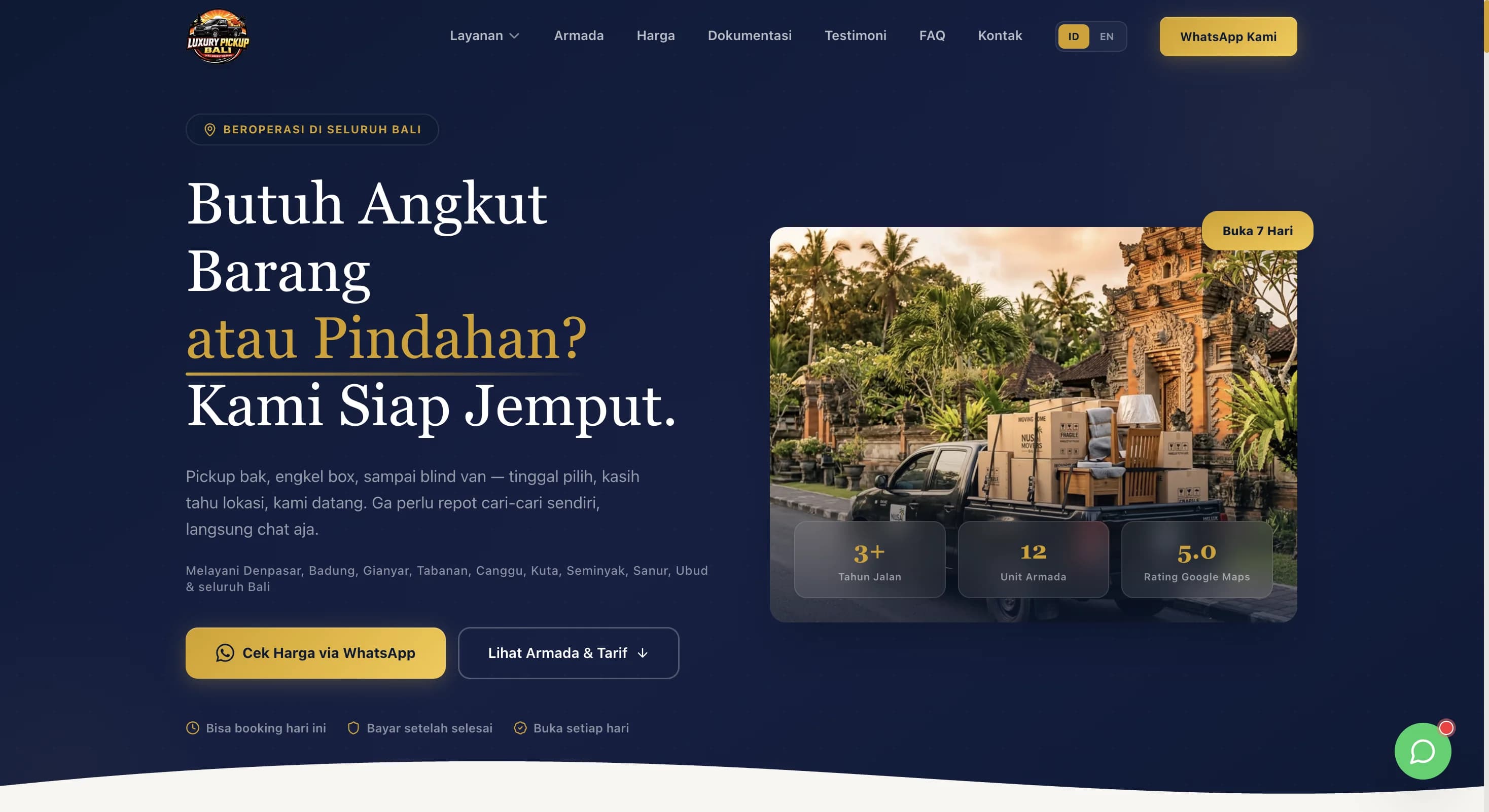 Luxury Pickup Bali website interface