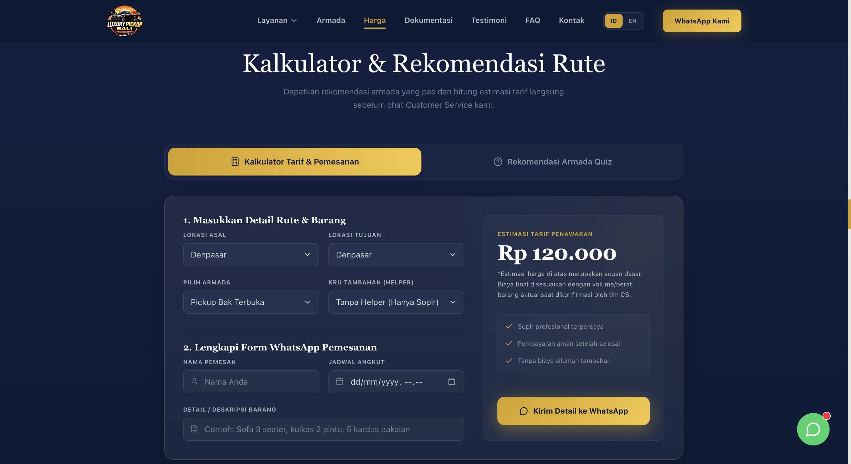 Tampilan booking Luxury Pickup Bali