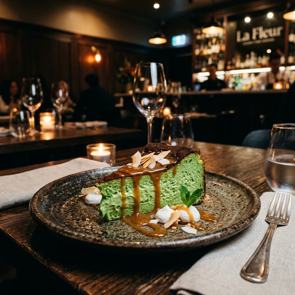 Cheesecake pandan dengan karamel santan gula aren